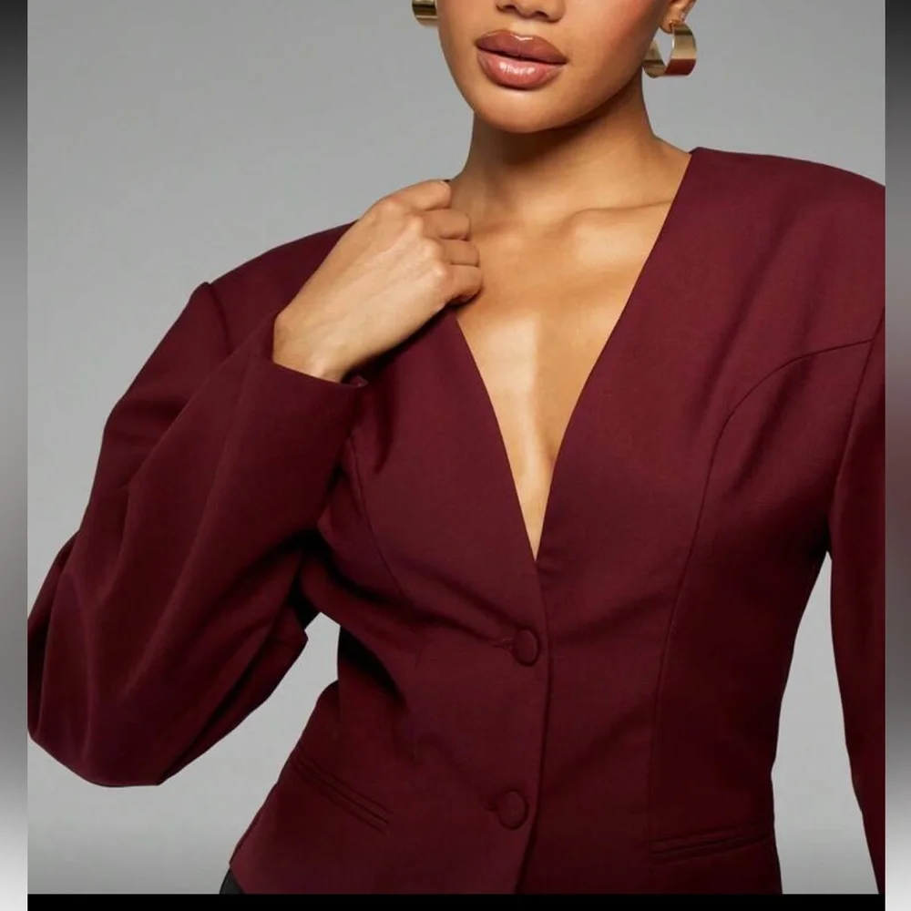 V neck burgundy maroon button front collarless blazer cardigan puff sleeve - Picture 4 of 5